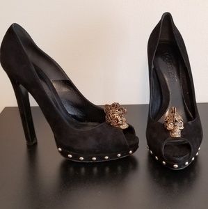 Black Suede Alexander McQueen Peep-Toe Pumps
